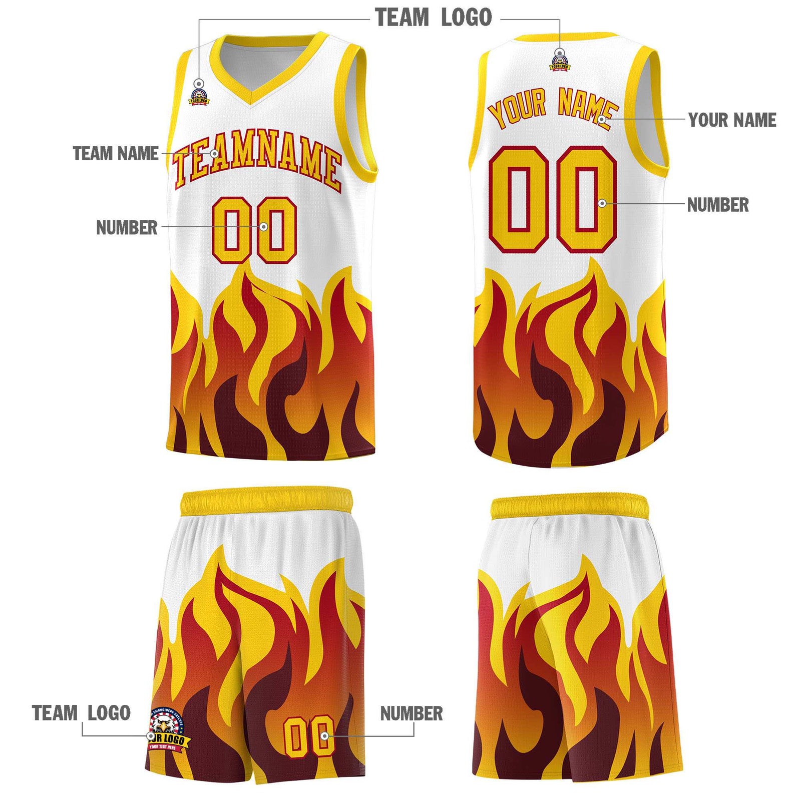 Custom White Gold Hem Flame Pattern Fashion Sports Uniform Basketball Kits