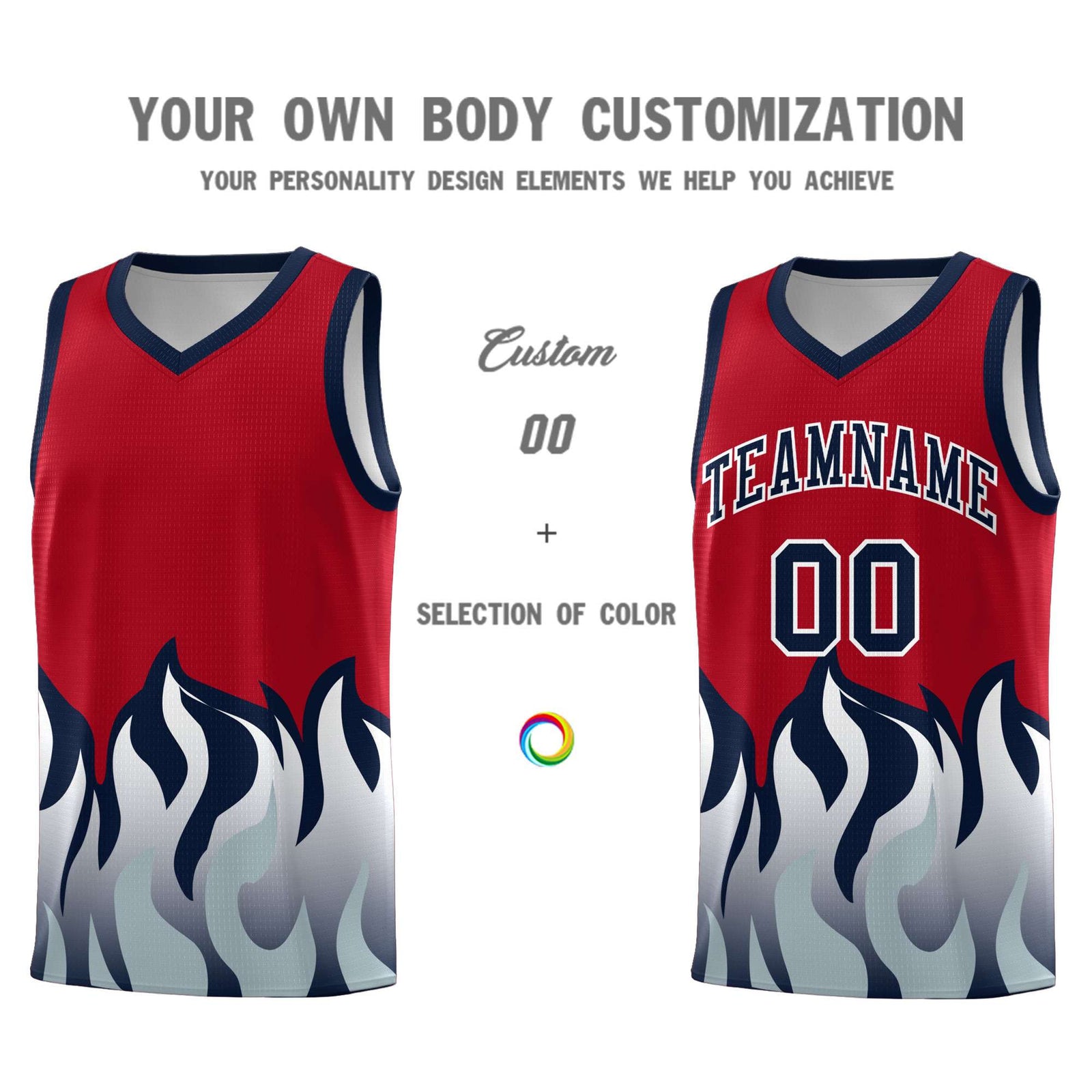 Custom Red Navy Hem Flame Pattern Fashion Sports Uniform Basketball Kits
