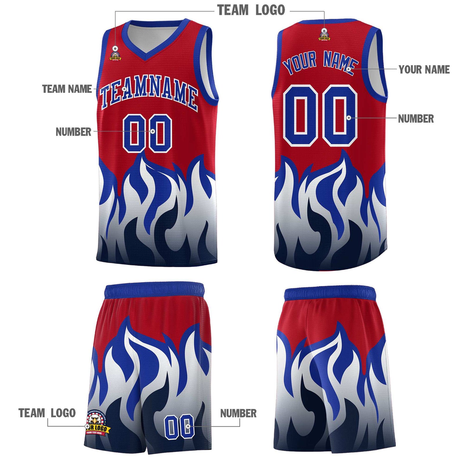 Custom Red Royal Hem Flame Pattern Fashion Sports Uniform Basketball Kits