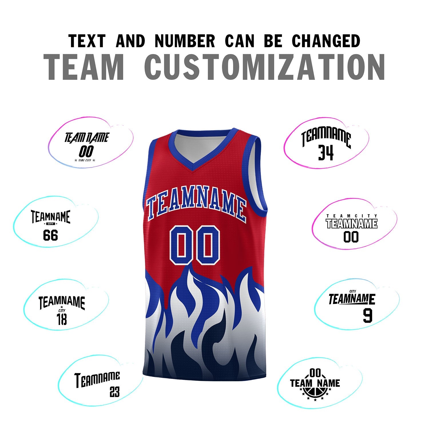 Custom Red Royal Hem Flame Pattern Fashion Sports Uniform Basketball Kits