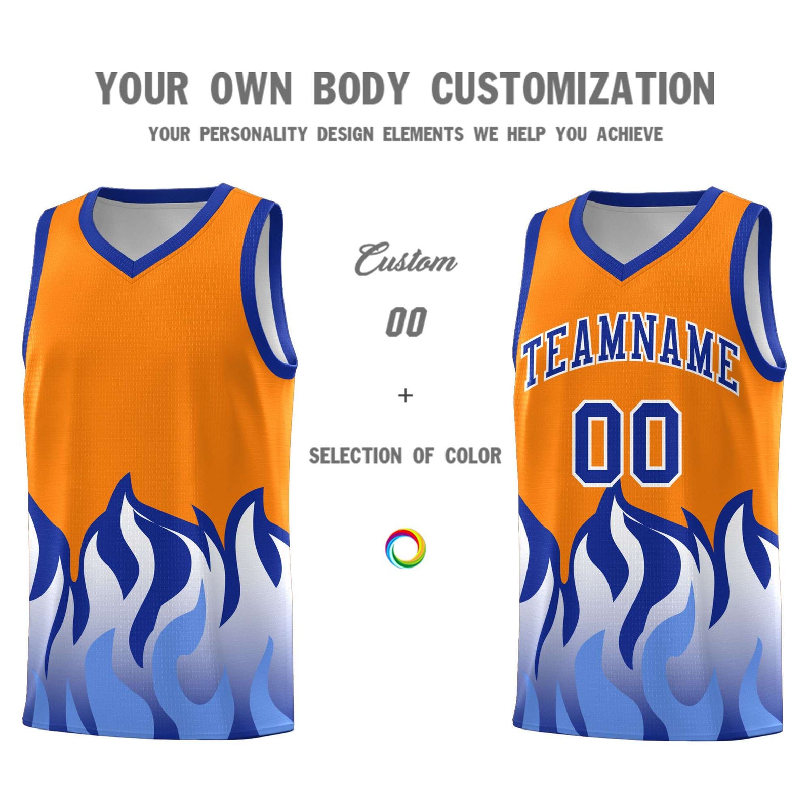 Custom Orange Royal Hem Flame Pattern Fashion Sports Uniform Basketball Kits
