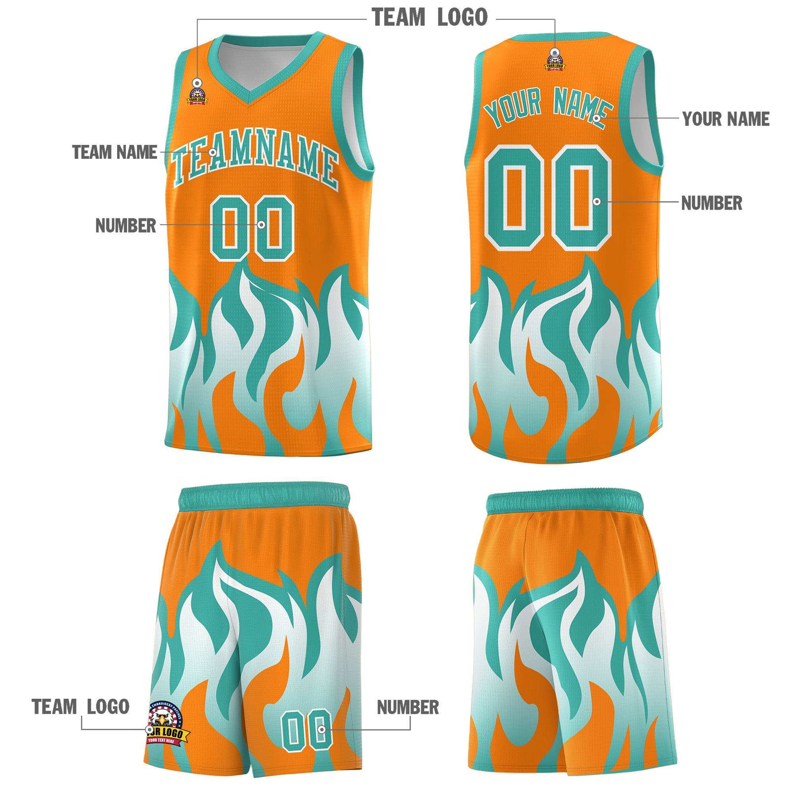 Custom Orange Bright Green Hem Flame Pattern Fashion Sports Uniform Basketball Kits