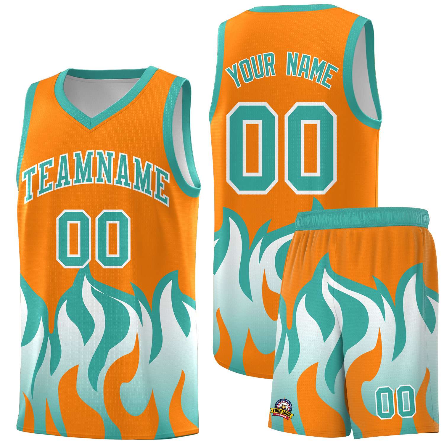 Custom Orange Bright Green Hem Flame Pattern Fashion Sports Uniform Basketball Kits