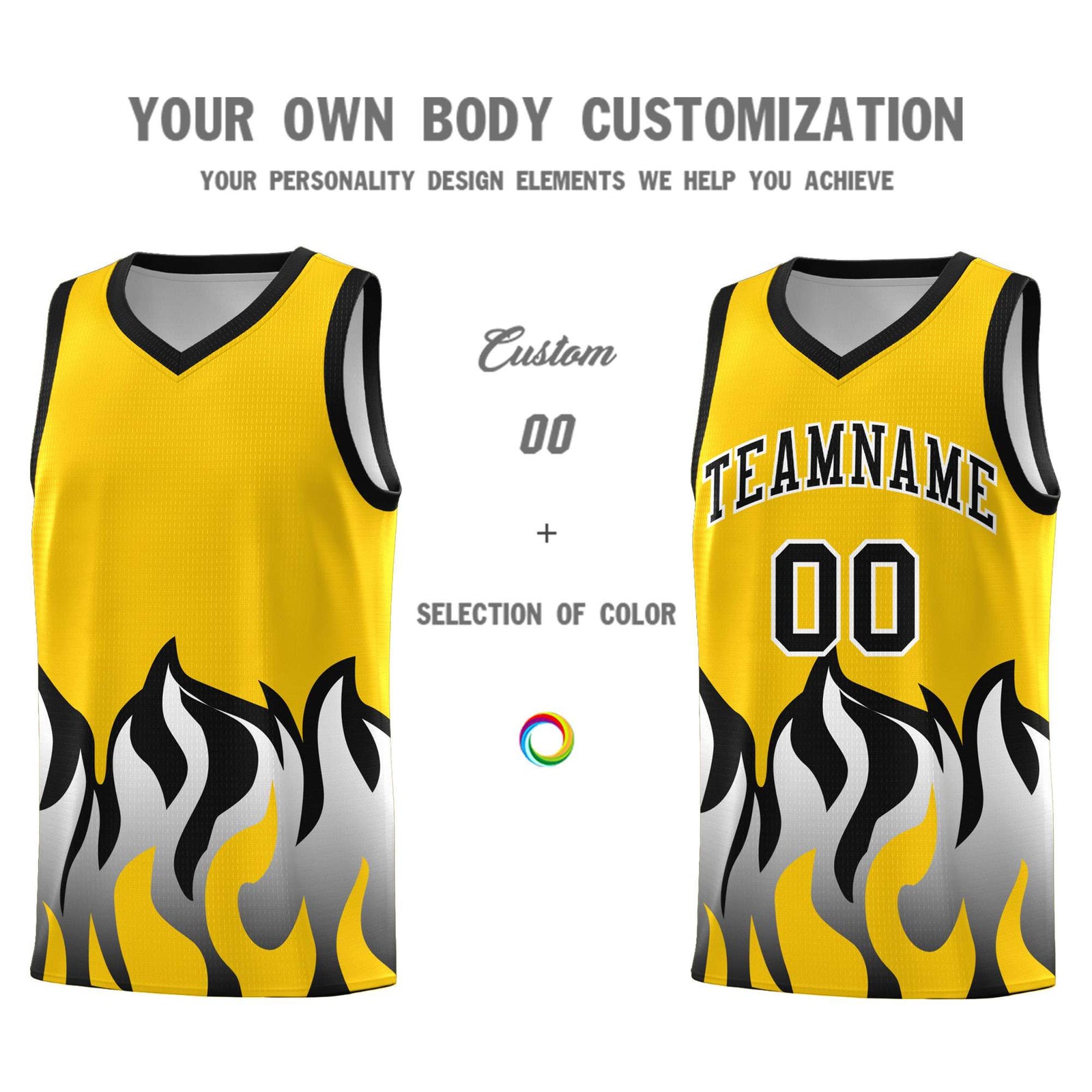 Custom Gold Black Hem Flame Pattern Fashion Sports Uniform Basketball Kits