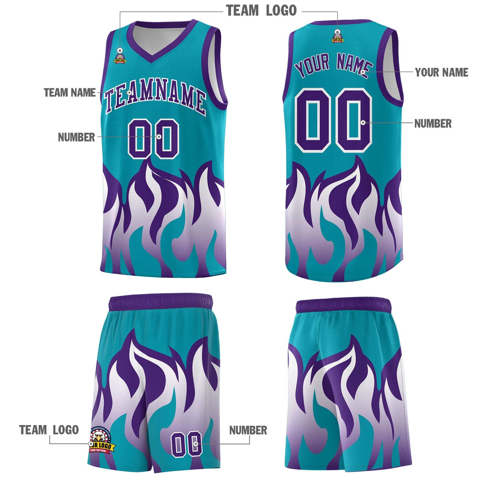 Custom Aqua Purple Hem Flame Pattern Fashion Sports Uniform Basketball Kits