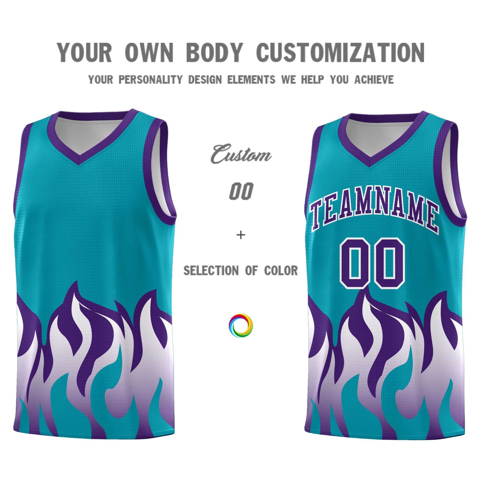 Custom Aqua Purple Hem Flame Pattern Fashion Sports Uniform Basketball Kits