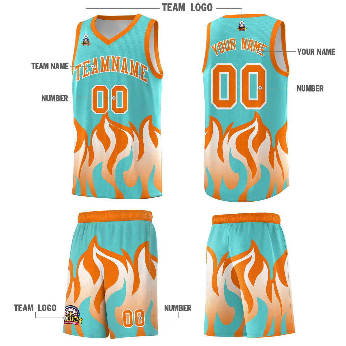 Custom Bright Green Orange Hem Flame Pattern Fashion Sports Uniform Basketball Kits