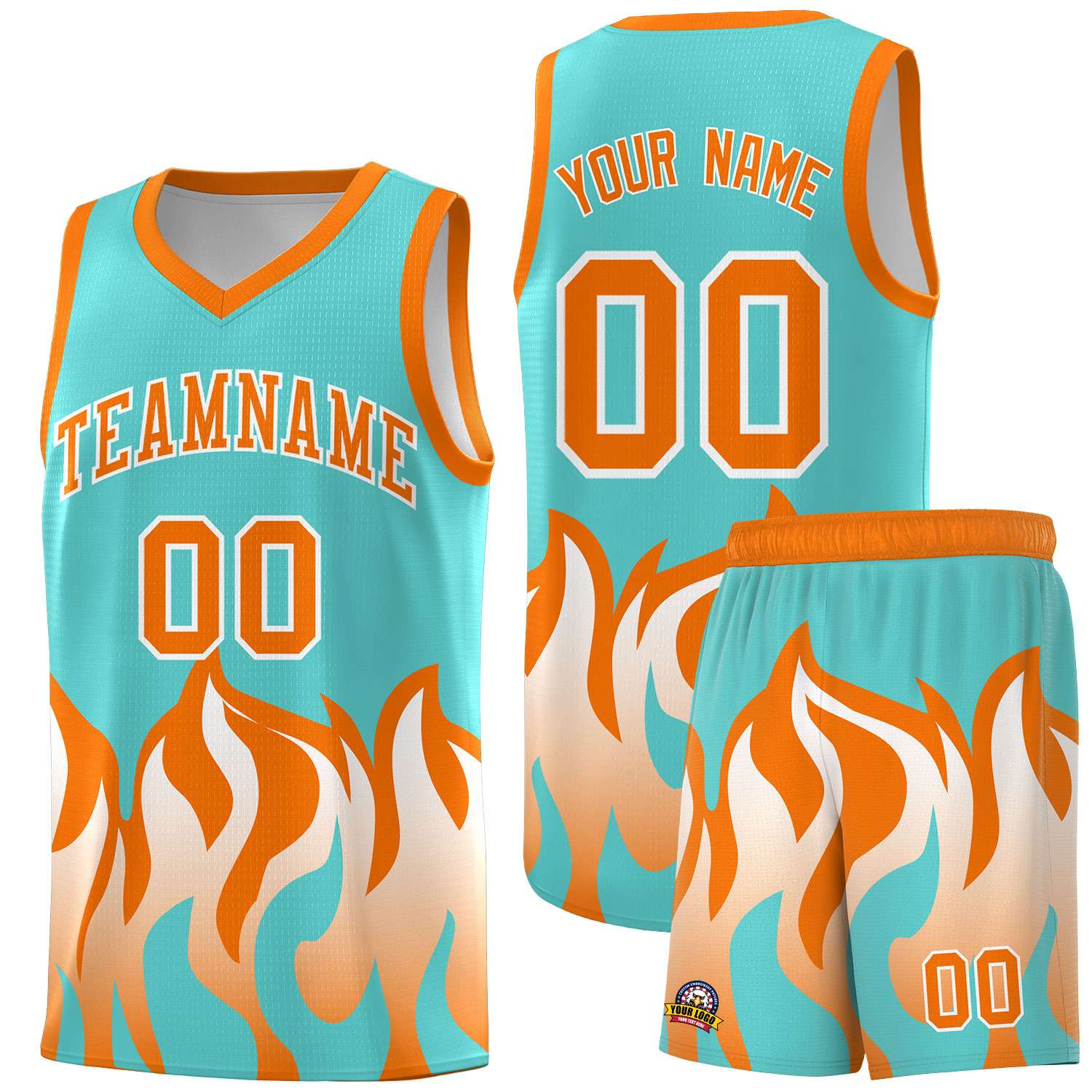 Custom Bright Green Orange Hem Flame Pattern Fashion Sports Uniform Basketball Kits