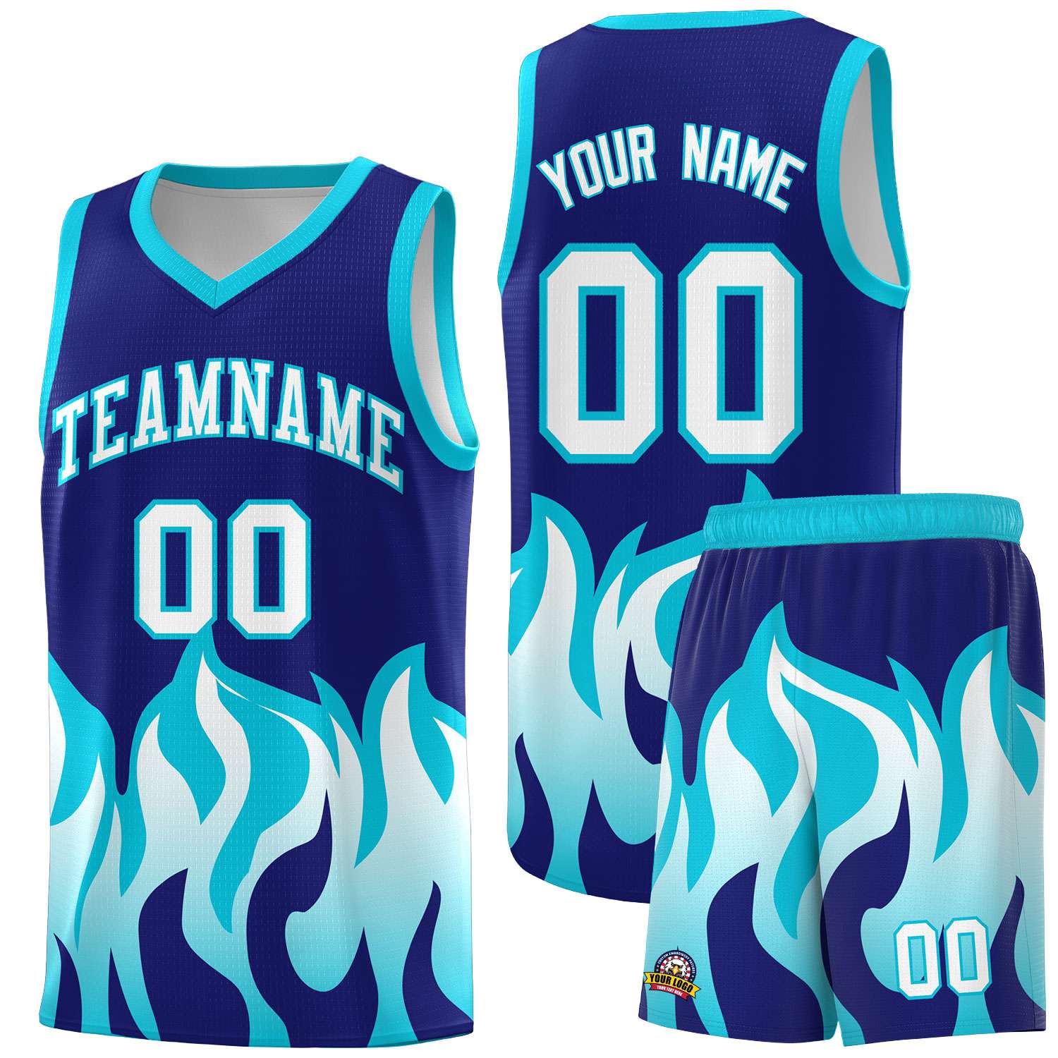 Custom Royal Sky Blue Hem Flame Pattern Fashion Sports Uniform Basketball Kits