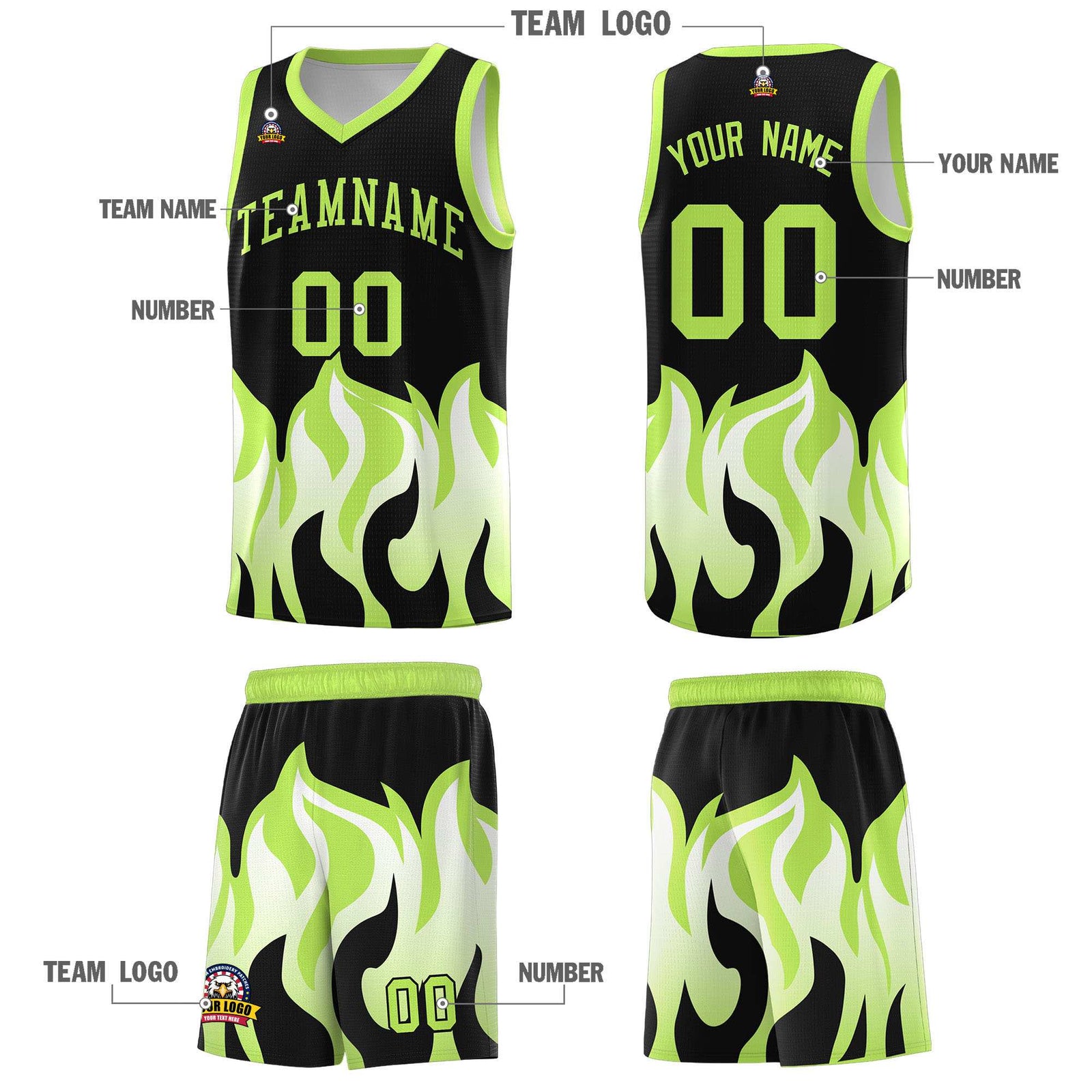 Custom Black Fluorescent Green Hem Flame Pattern Fashion Sports Uniform Basketball Kits