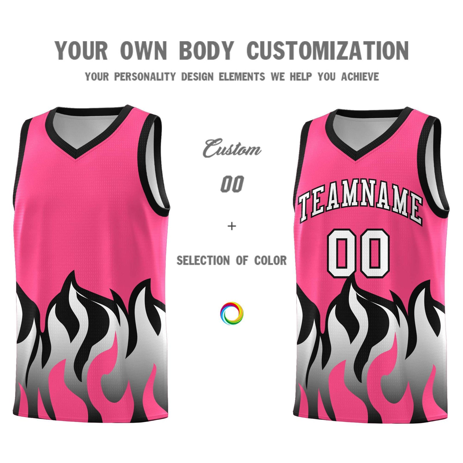 Custom Pink Black Hem Flame Pattern Fashion Sports Uniform Basketball Kits