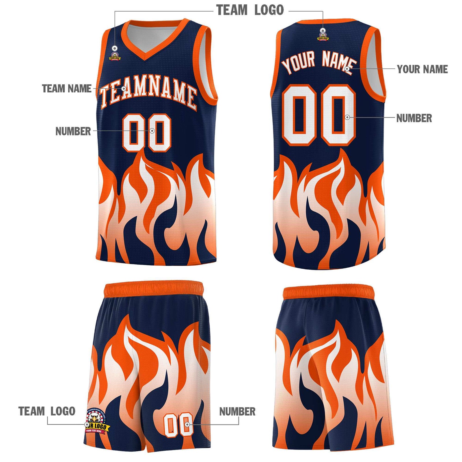 Custom Navy Orange Hem Flame Pattern Fashion Sports Uniform Basketball Kits