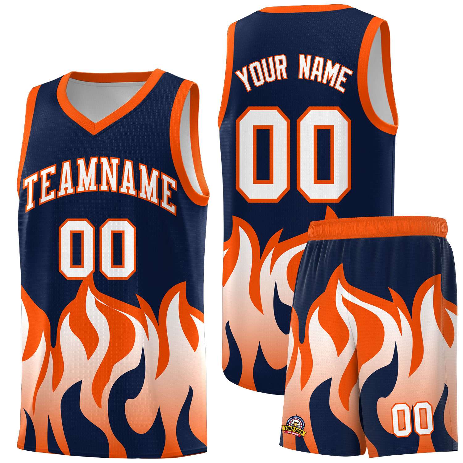 Custom Navy Orange Hem Flame Pattern Fashion Sports Uniform Basketball Kits