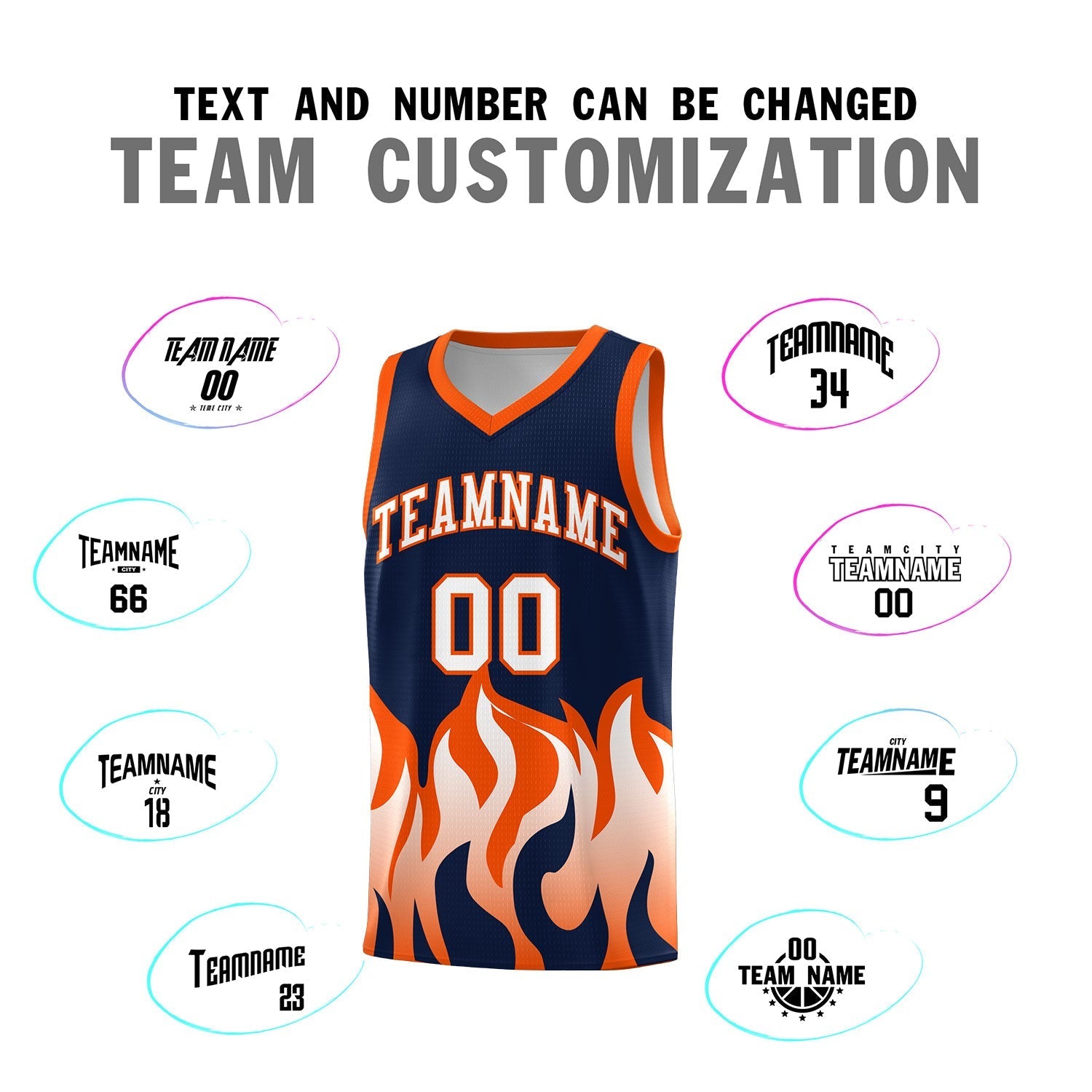 Custom Navy Orange Hem Flame Pattern Fashion Sports Uniform Basketball Kits