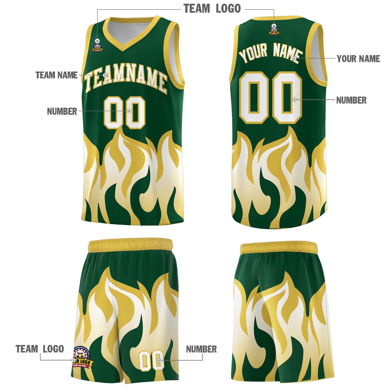 Custom Kelly Green Old Gold Hem Flame Pattern Fashion Sports Uniform Basketball Kits