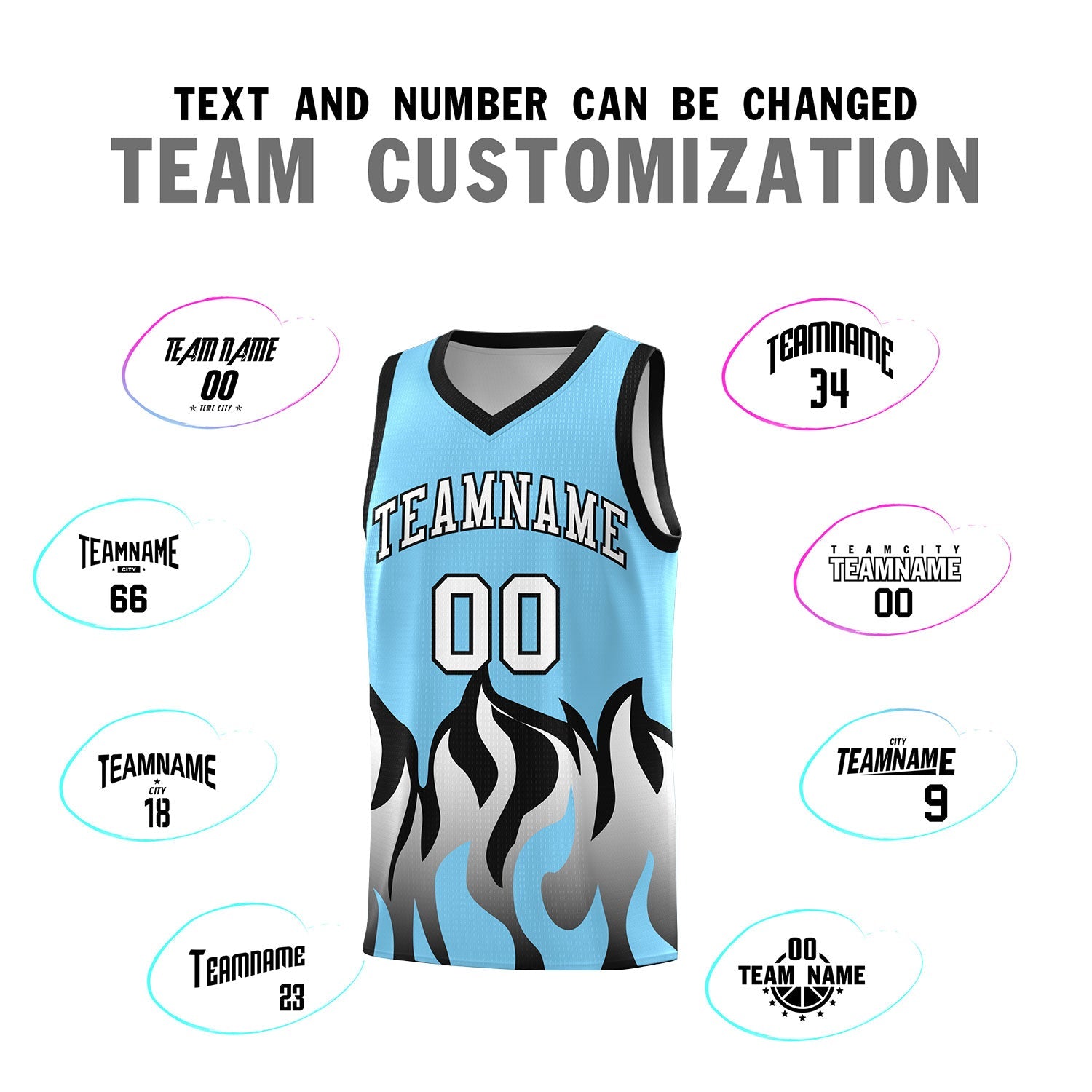 Custom Light Blue Black Hem Flame Pattern Fashion Sports Uniform Basketball Kits