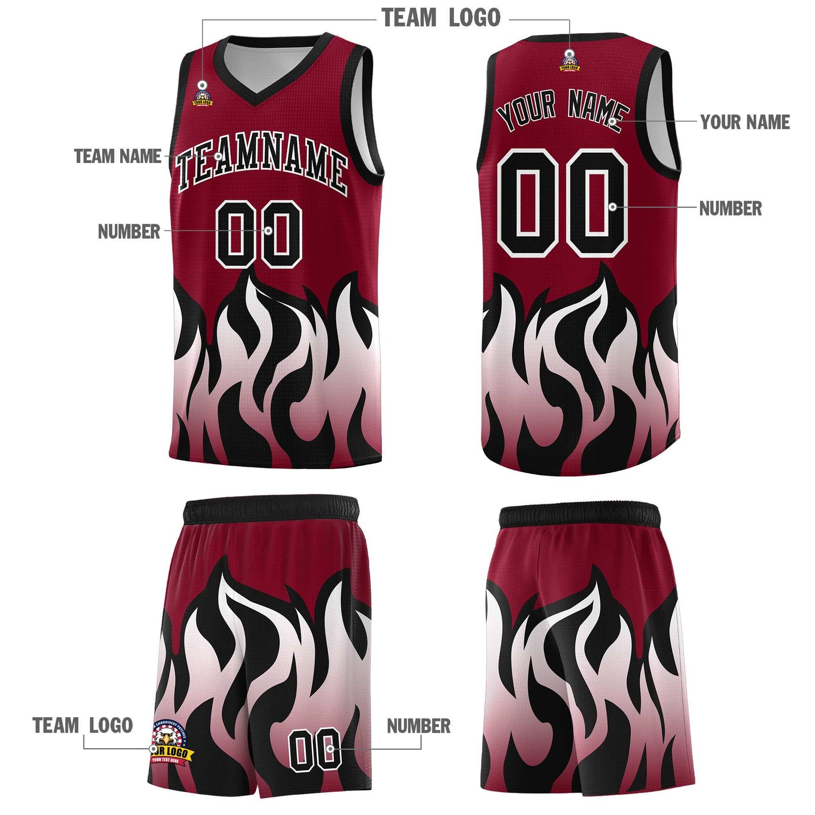 Custom Crimson Black Hem Flame Pattern Fashion Sports Uniform Basketball Kits
