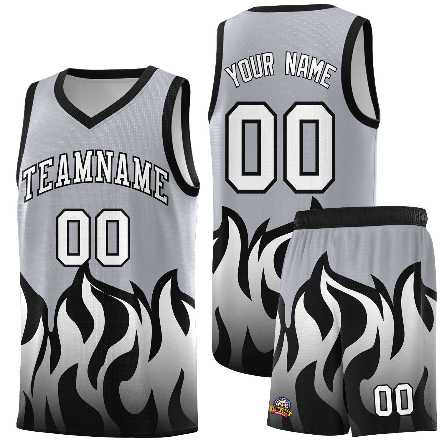 Custom Gray Black Hem Flame Pattern Fashion Sports Uniform Basketball Kits