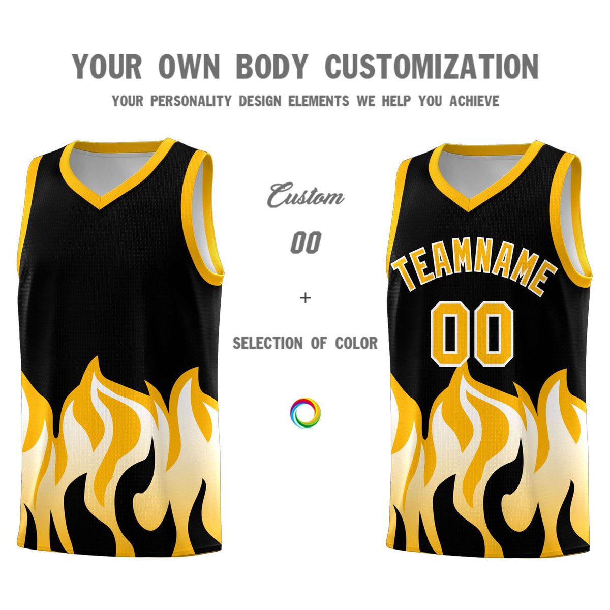 Custom Black Yellow Hem Flame Pattern Fashion Sports Uniform Basketball Kits