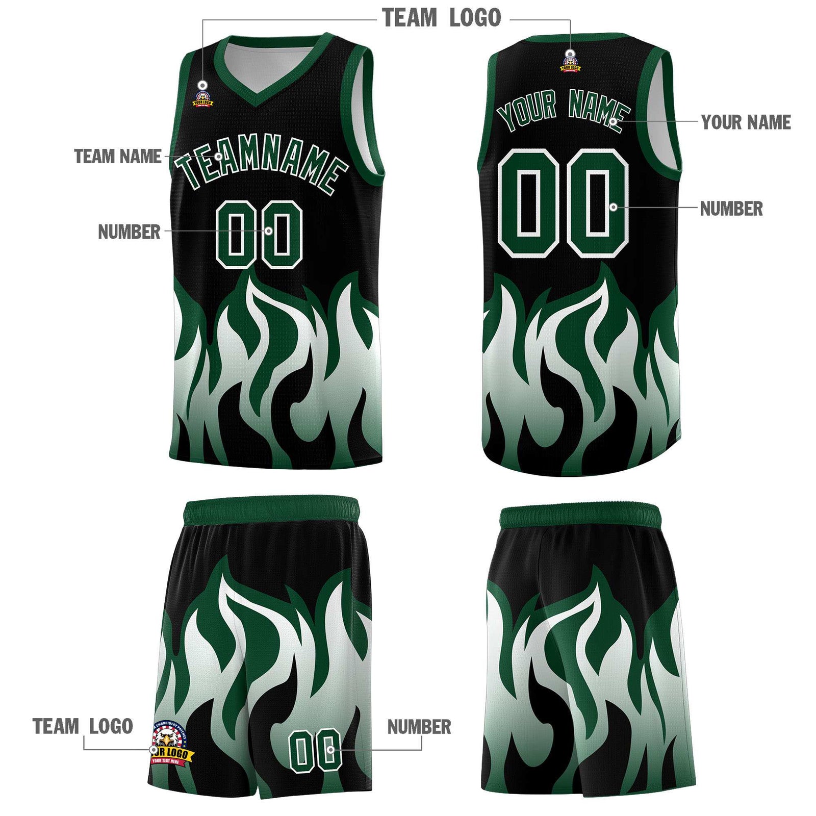 Custom Black Hunter Green Hem Flame Pattern Fashion Sports Uniform Basketball Kits