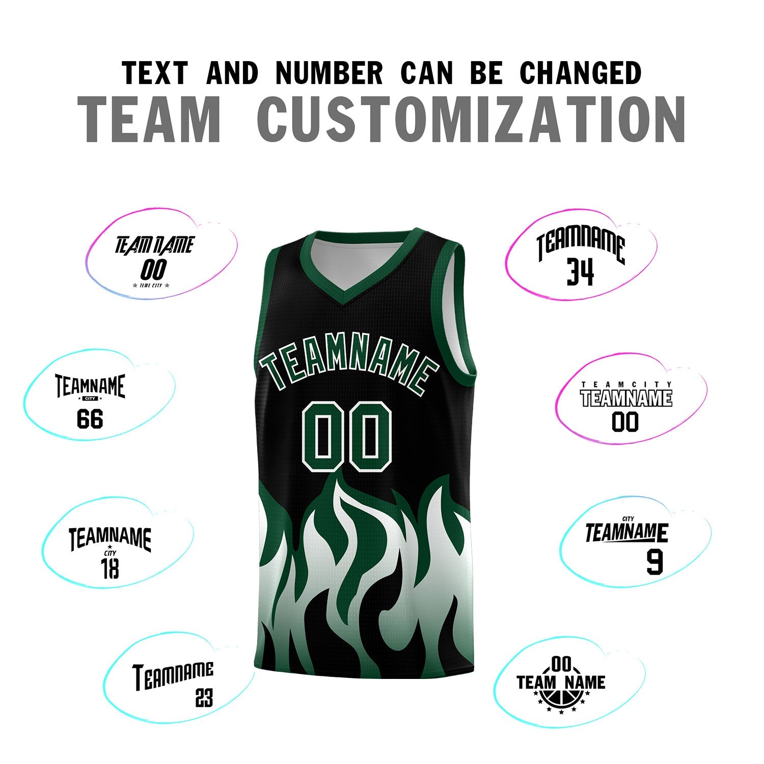 Custom Black Hunter Green Hem Flame Pattern Fashion Sports Uniform Basketball Kits