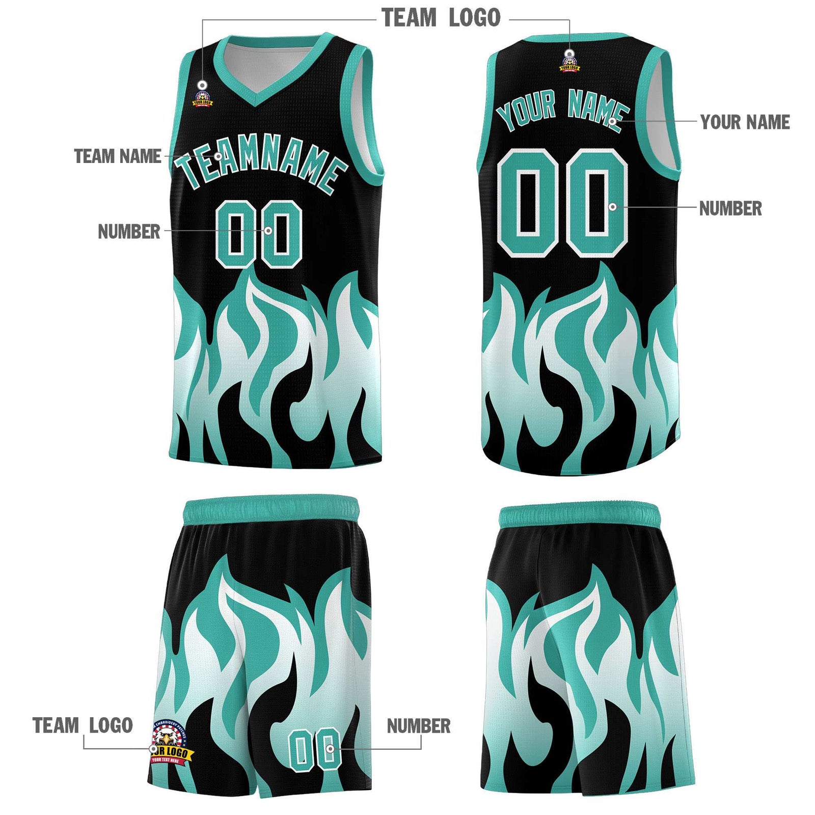 Custom Black Bright Green Hem Flame Pattern Fashion Sports Uniform Basketball Kits