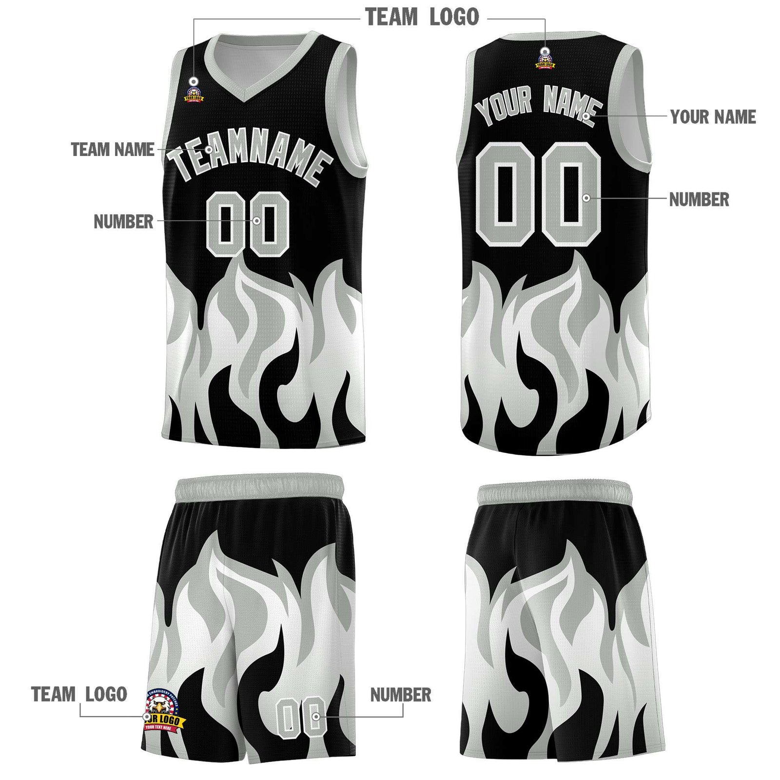 Custom Black Gray Hem Flame Pattern Fashion Sports Uniform Basketball Kits
