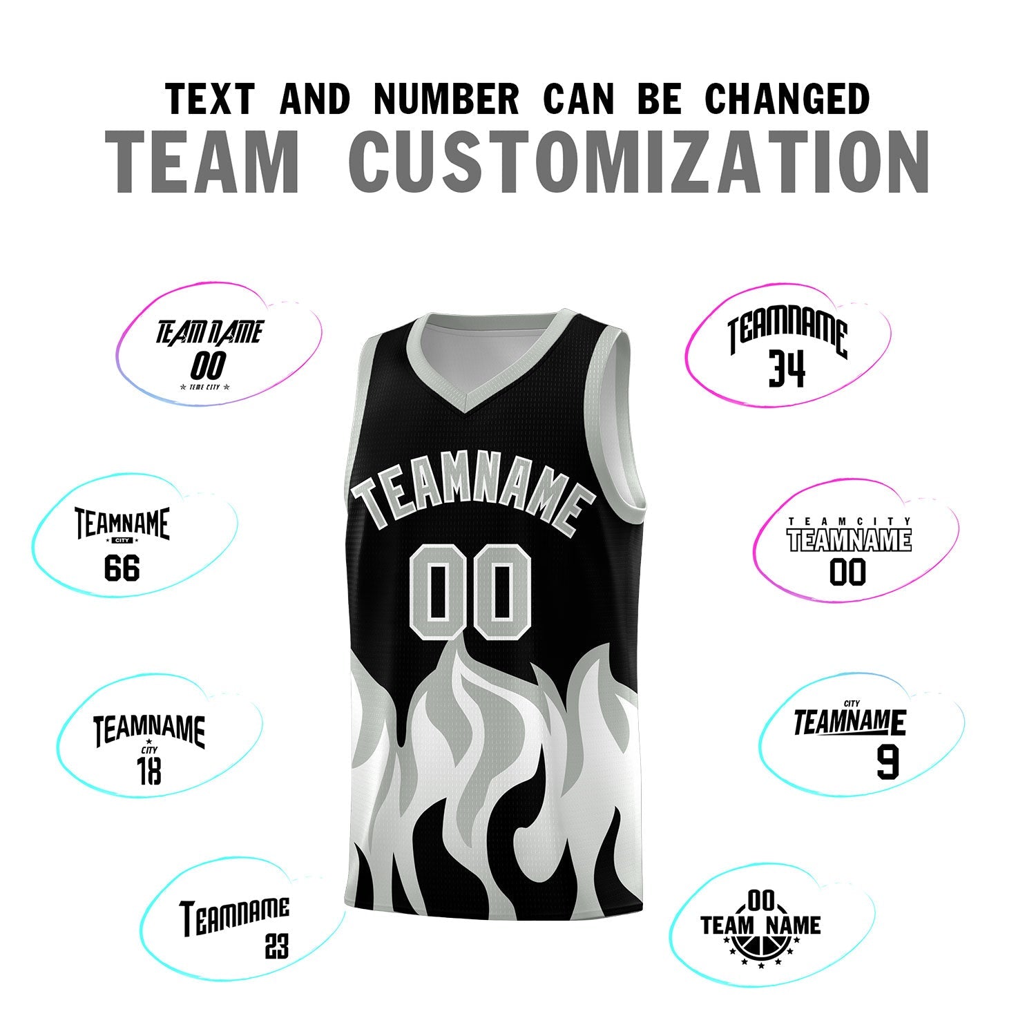 Custom Black Gray Hem Flame Pattern Fashion Sports Uniform Basketball Kits