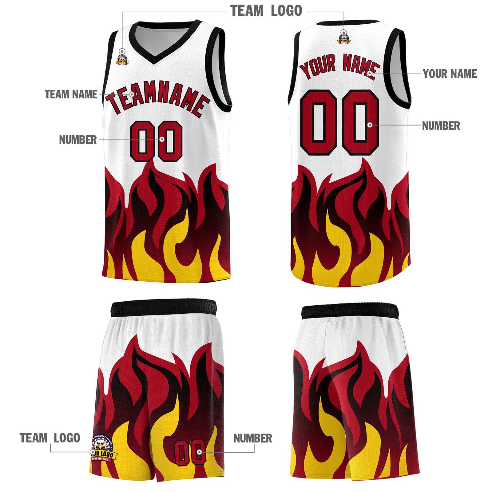 Custom White Red Hem Flame Pattern Fashion Sports Uniform Basketball Kits