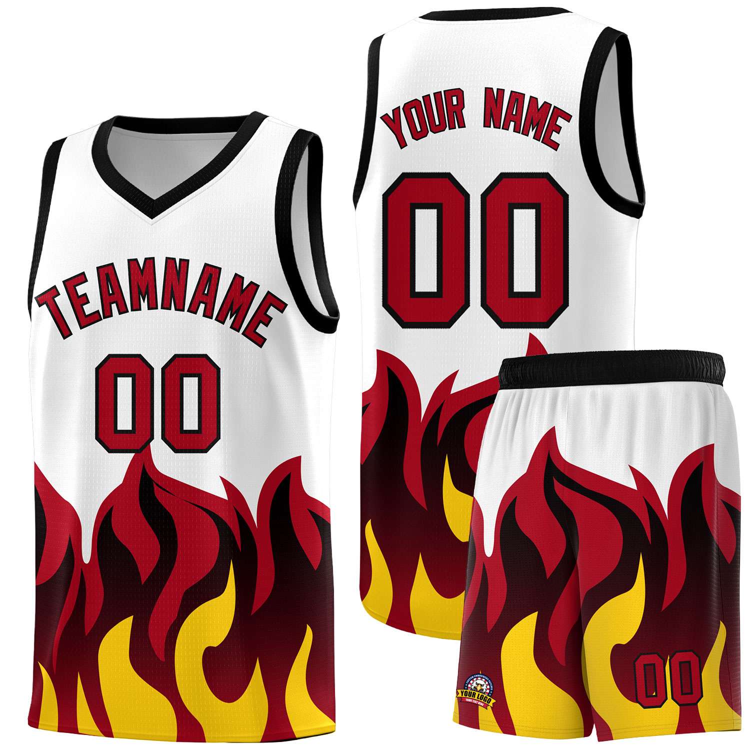 Custom White Red Hem Flame Pattern Fashion Sports Uniform Basketball Kits