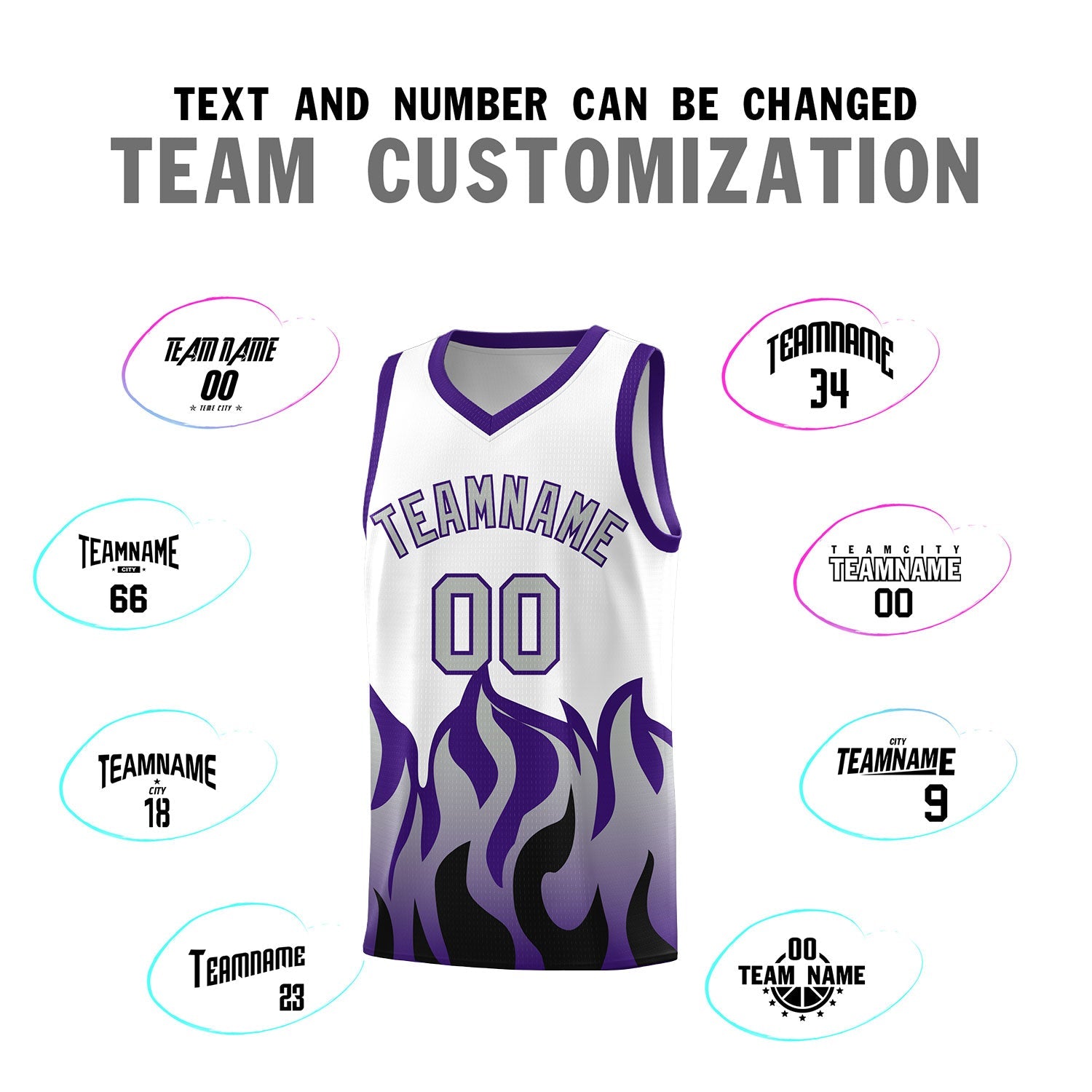 Custom White Purple Hem Flame Pattern Fashion Sports Uniform Basketball Kits