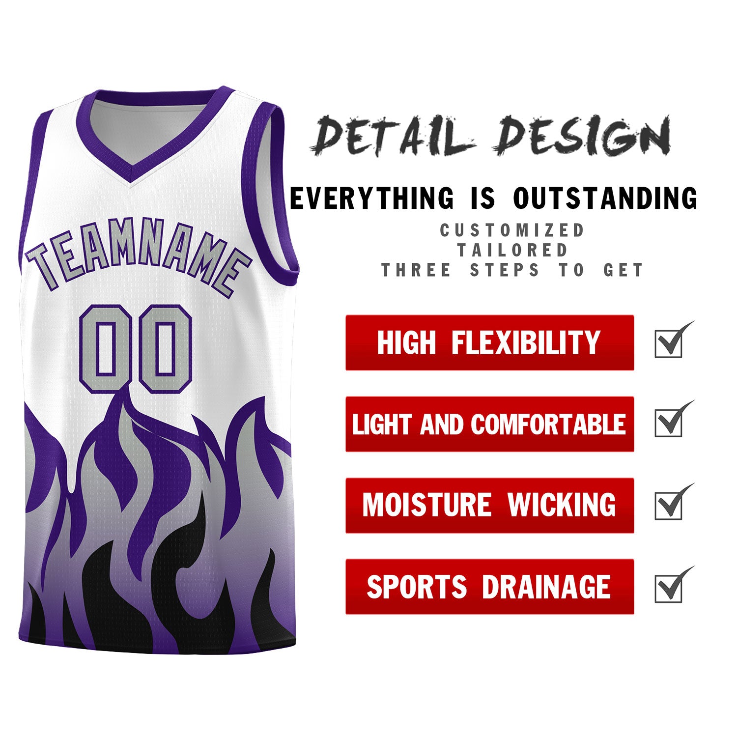 Custom White Purple Hem Flame Pattern Fashion Sports Uniform Basketball Kits