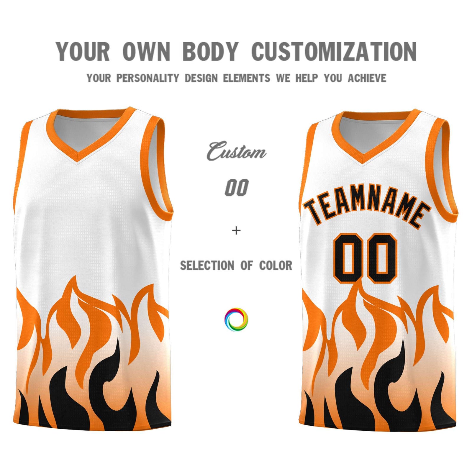 Custom White Orange Hem Flame Pattern Fashion Sports Uniform Basketball Kits