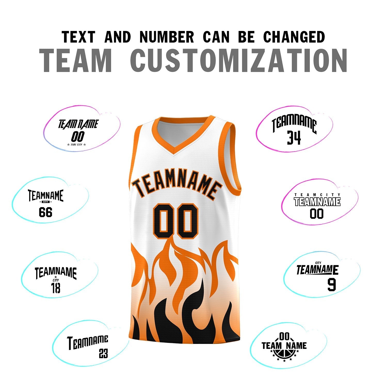 Custom White Orange Hem Flame Pattern Fashion Sports Uniform Basketball Kits