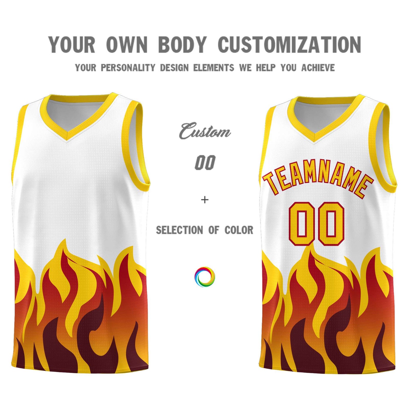 Custom White Gold Hem Flame Pattern Fashion Sports Uniform Basketball Kits