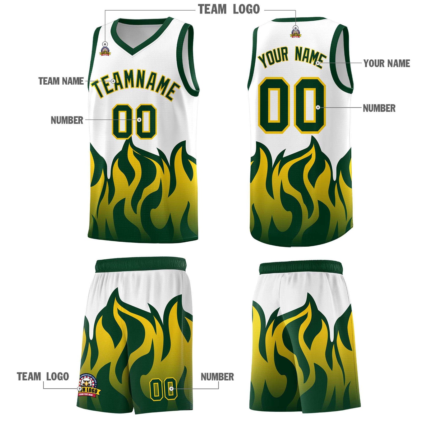 Custom White Hunter Green Hem Flame Pattern Fashion Sports Uniform Basketball Kits