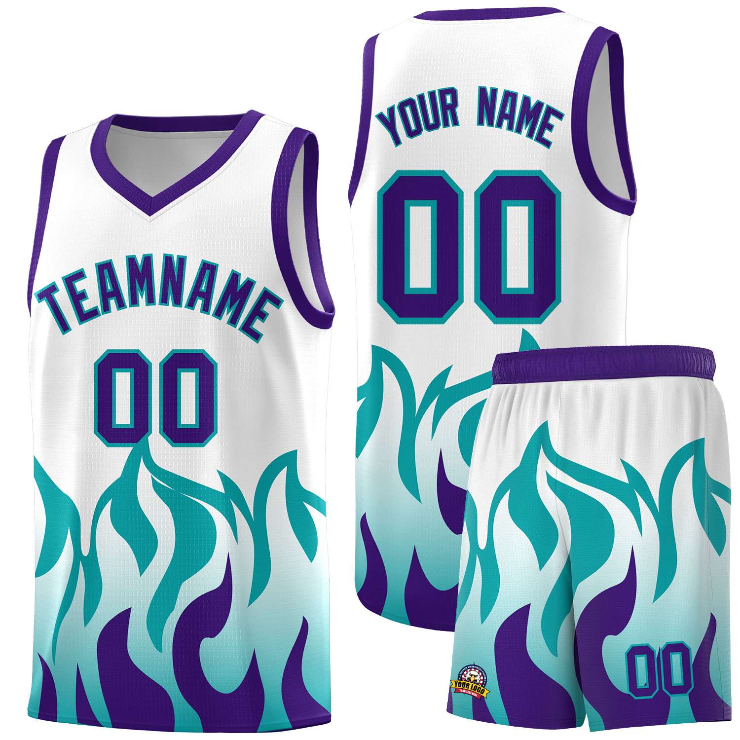 Custom White Aqua Hem Flame Pattern Fashion Sports Uniform Basketball Kits