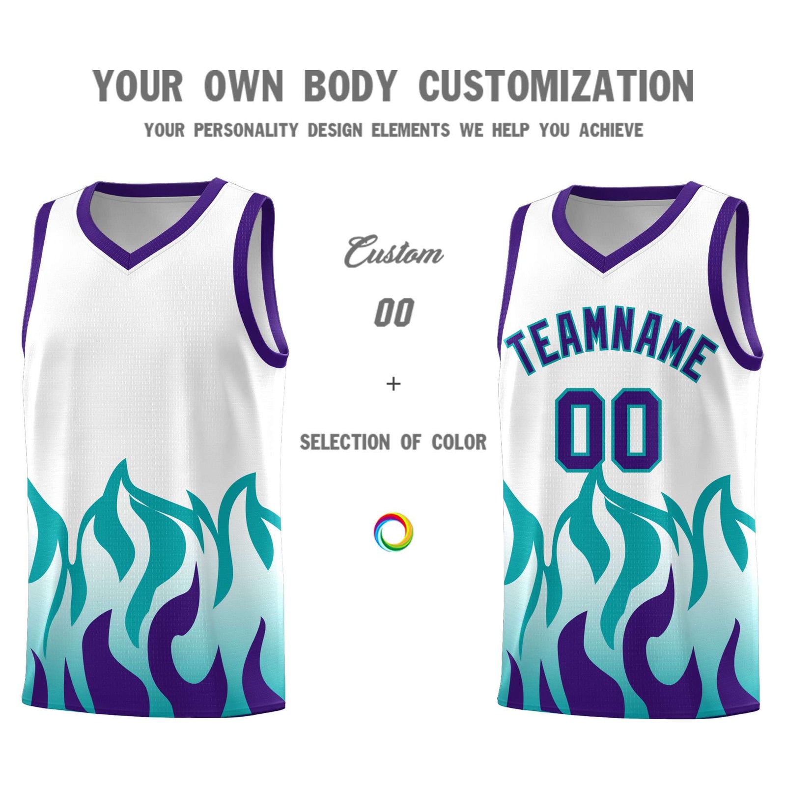 Custom White Aqua Hem Flame Pattern Fashion Sports Uniform Basketball Kits