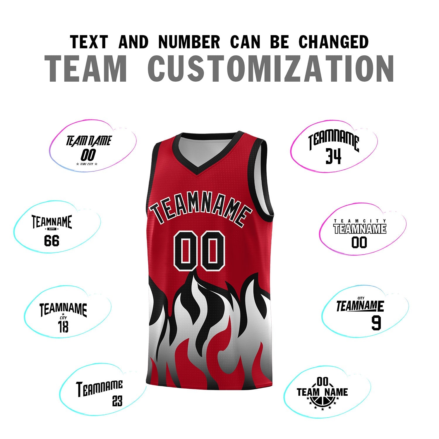 Custom Red Black Hem Flame Pattern Fashion Sports Uniform Basketball Kits