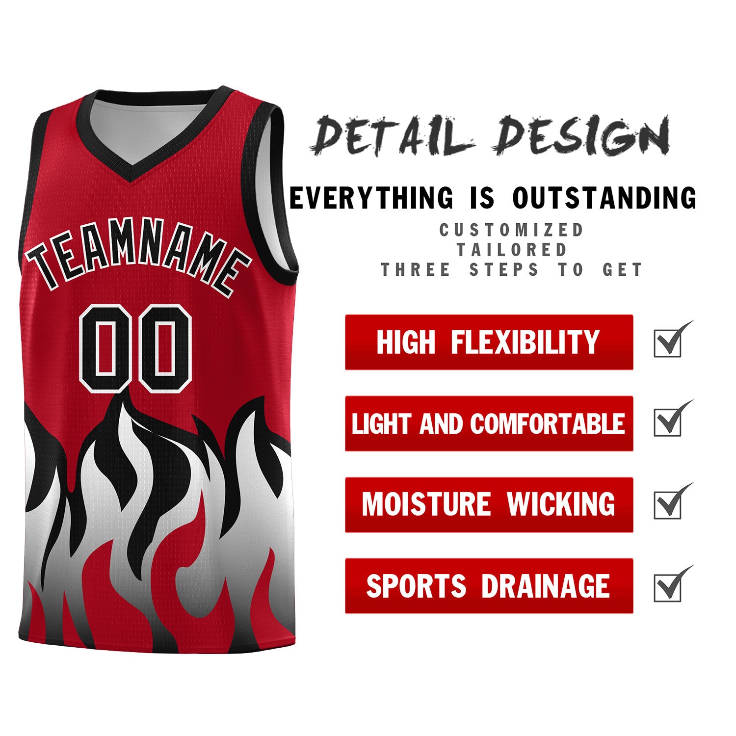 Custom Red Black Hem Flame Pattern Fashion Sports Uniform Basketball Kits