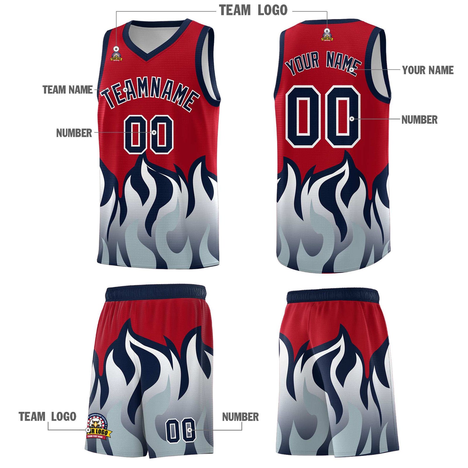 Custom Red Navy Hem Flame Pattern Fashion Sports Uniform Basketball Kits