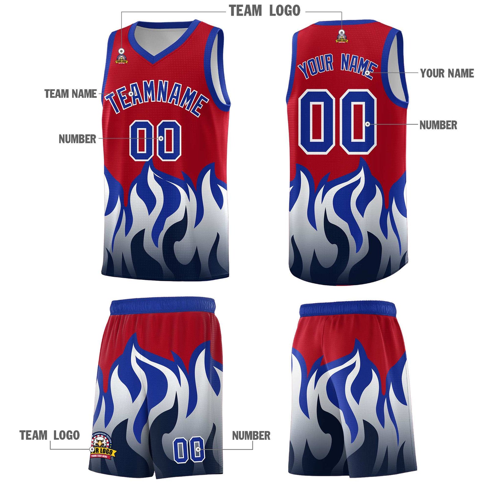 Custom Red Royal Hem Flame Pattern Fashion Sports Uniform Basketball Kits