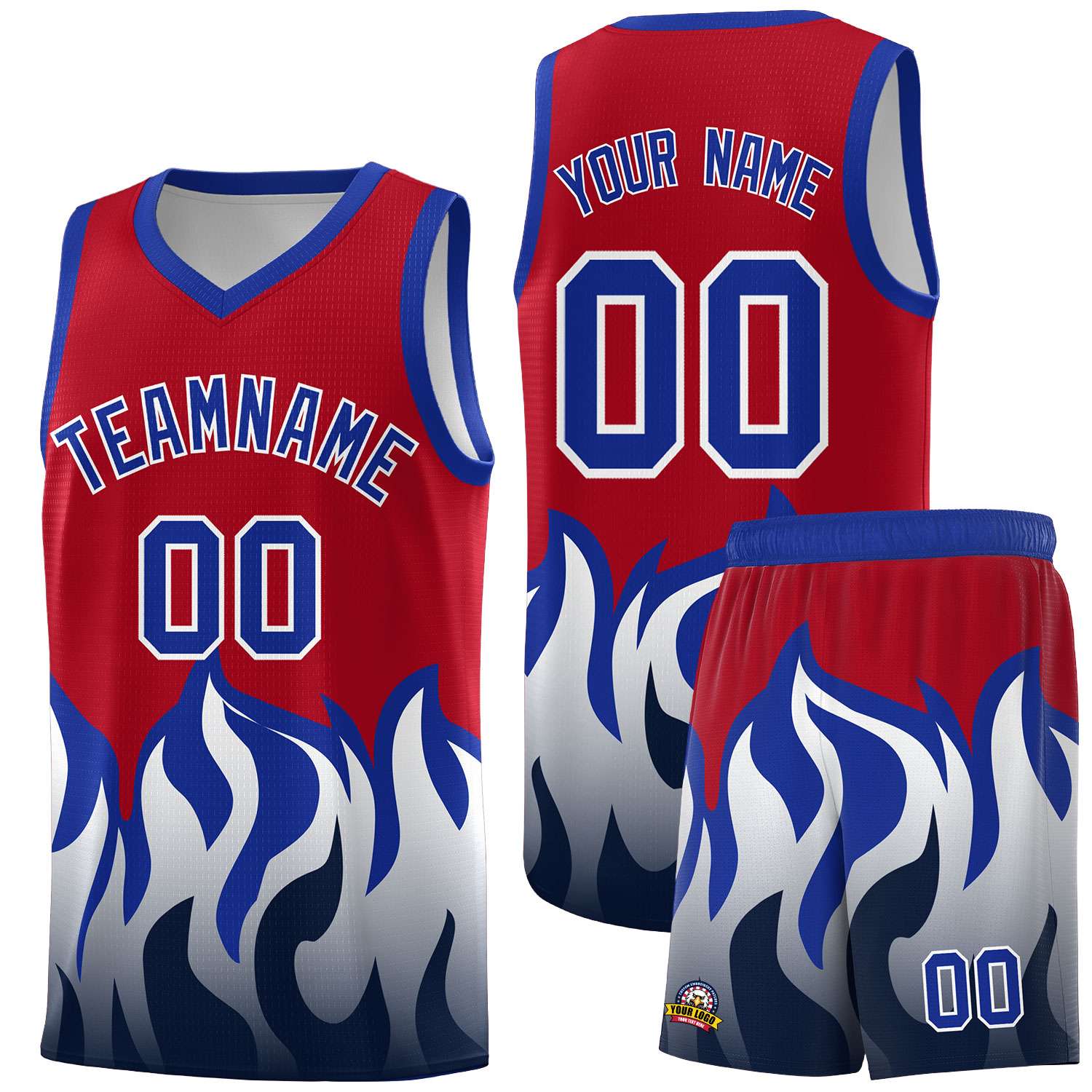 Custom Red Royal Hem Flame Pattern Fashion Sports Uniform Basketball Kits