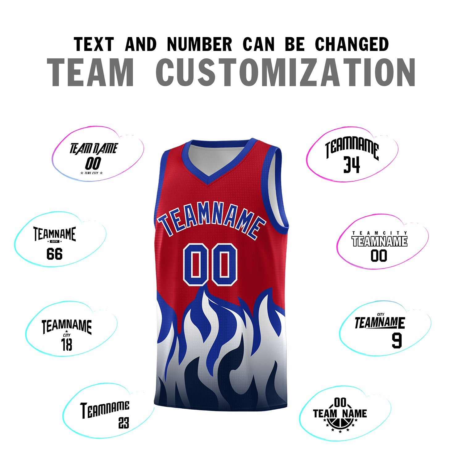 Custom Red Royal Hem Flame Pattern Fashion Sports Uniform Basketball Kits