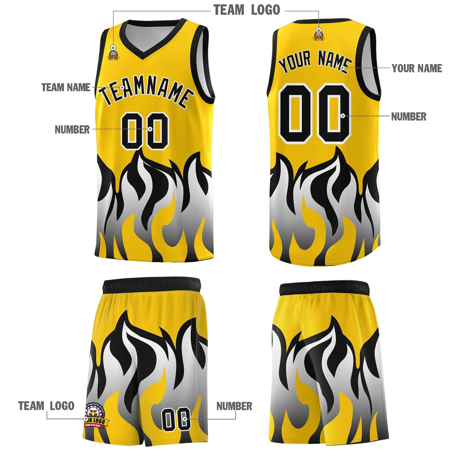 Custom Gold Black Hem Flame Pattern Fashion Sports Uniform Basketball Kits