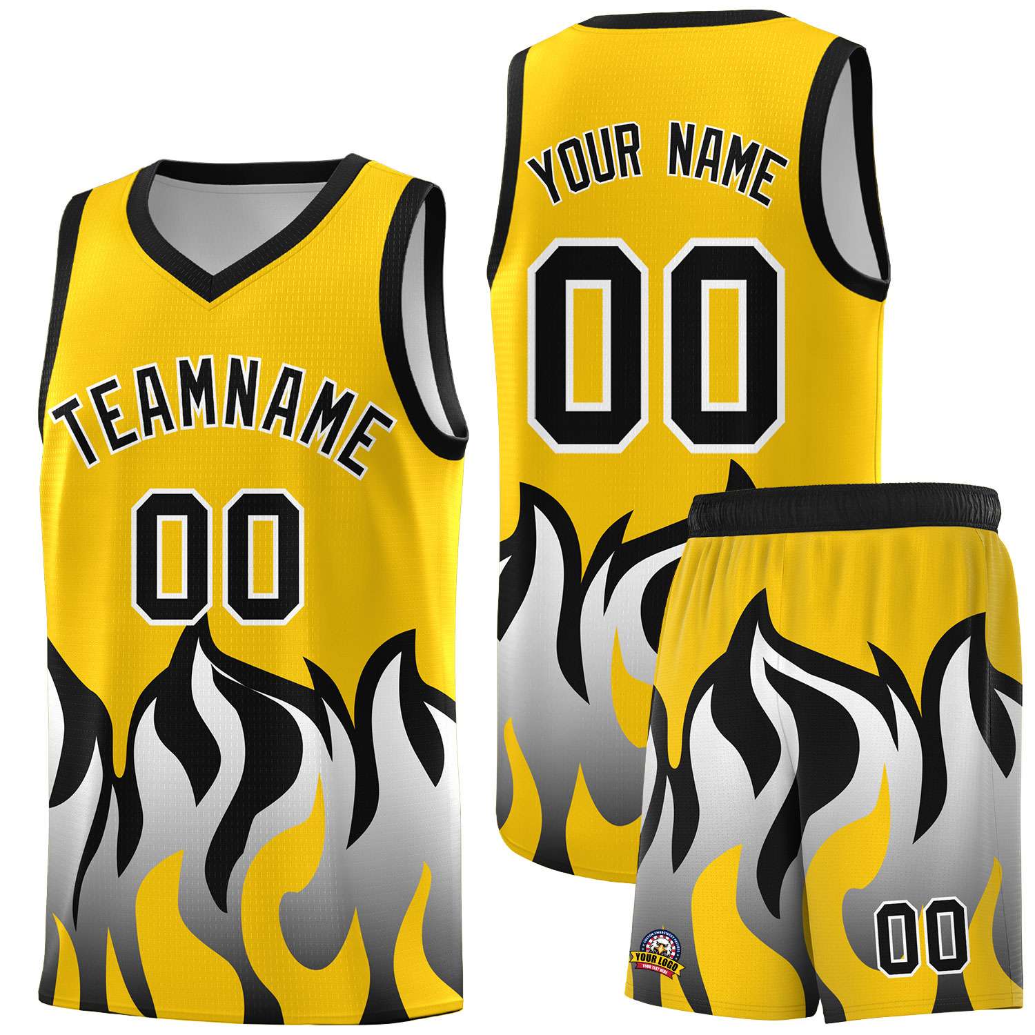 Custom Gold Black Hem Flame Pattern Fashion Sports Uniform Basketball Kits