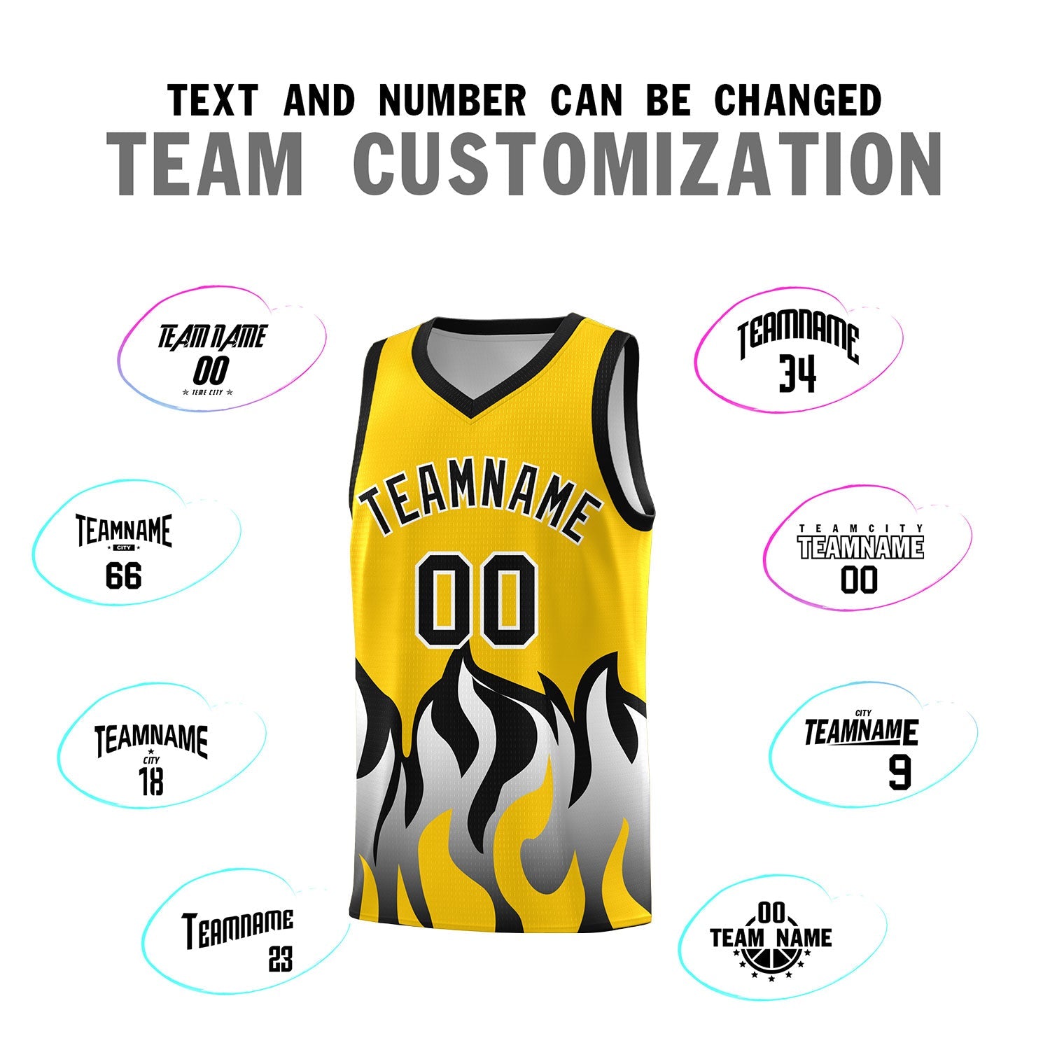 Custom Gold Black Hem Flame Pattern Fashion Sports Uniform Basketball Kits
