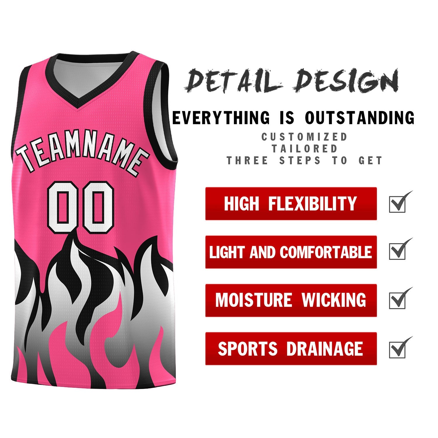 Custom Pink Black Hem Flame Pattern Fashion Sports Uniform Basketball Kits
