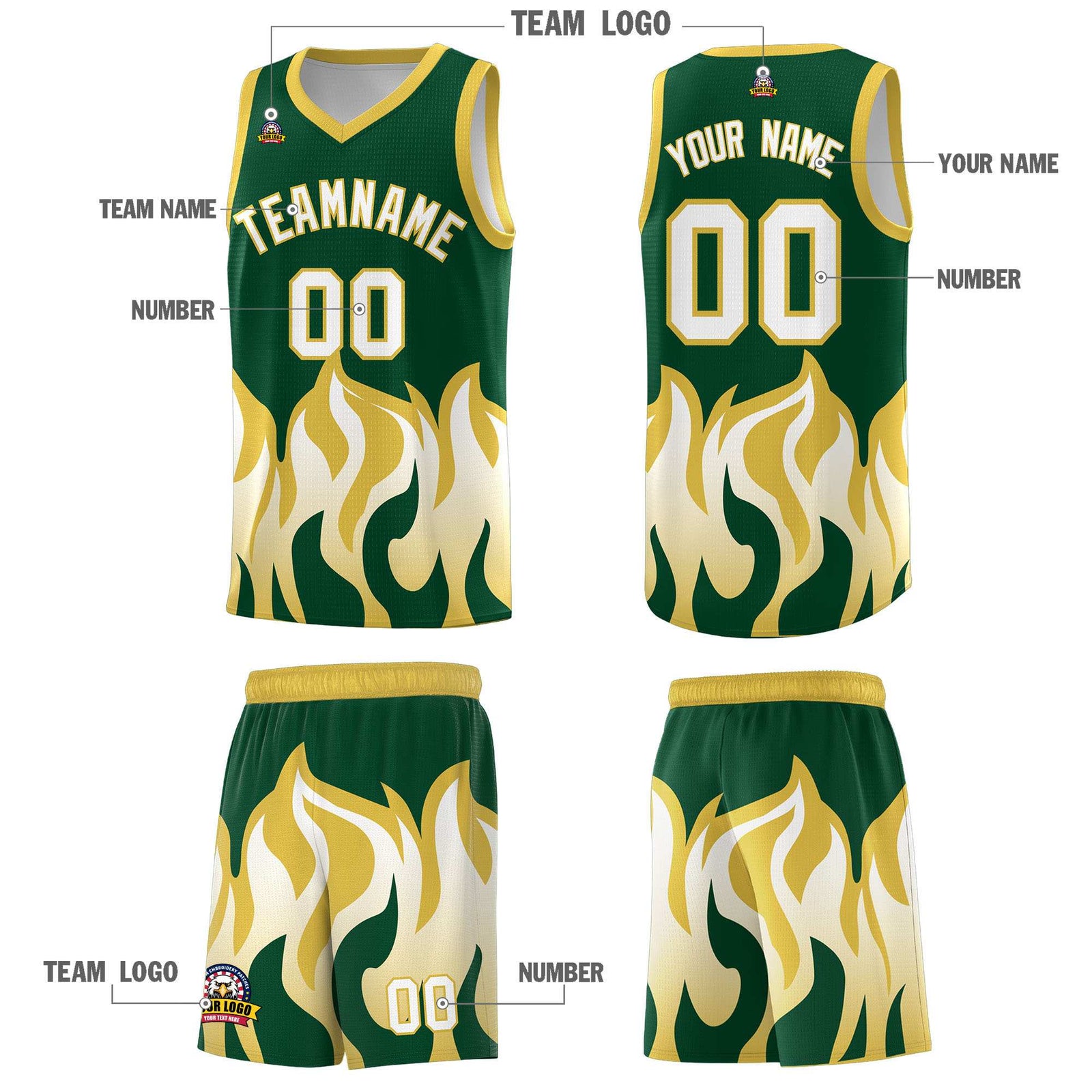 Custom Kelly Green Old Gold Hem Flame Pattern Fashion Sports Uniform Basketball Kits