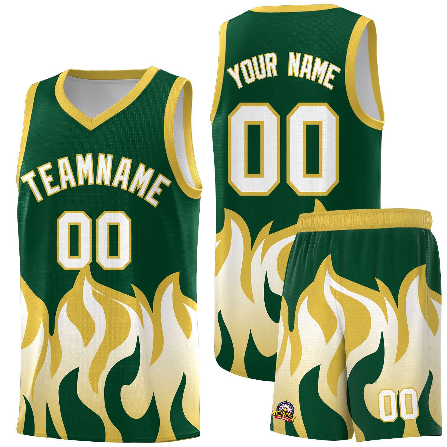 Custom Kelly Green Old Gold Hem Flame Pattern Fashion Sports Uniform Basketball Kits